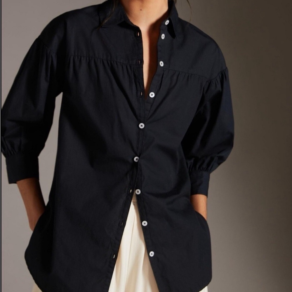 Anthropologie Maeve Black Puff Sleeve Button Down Size X-Small Color: Navy Blue